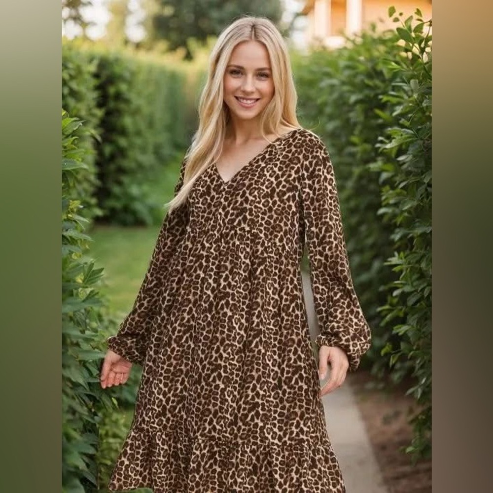 Long Sleeve Leopard Print Babydoll Dress
